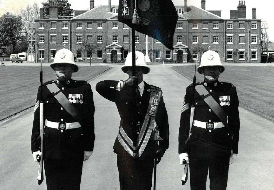 C/Sgt Tony Higgins (left) at the closing of the RM Deal Barracks gates on May 14, 1981. Pictures: Peter Brown
