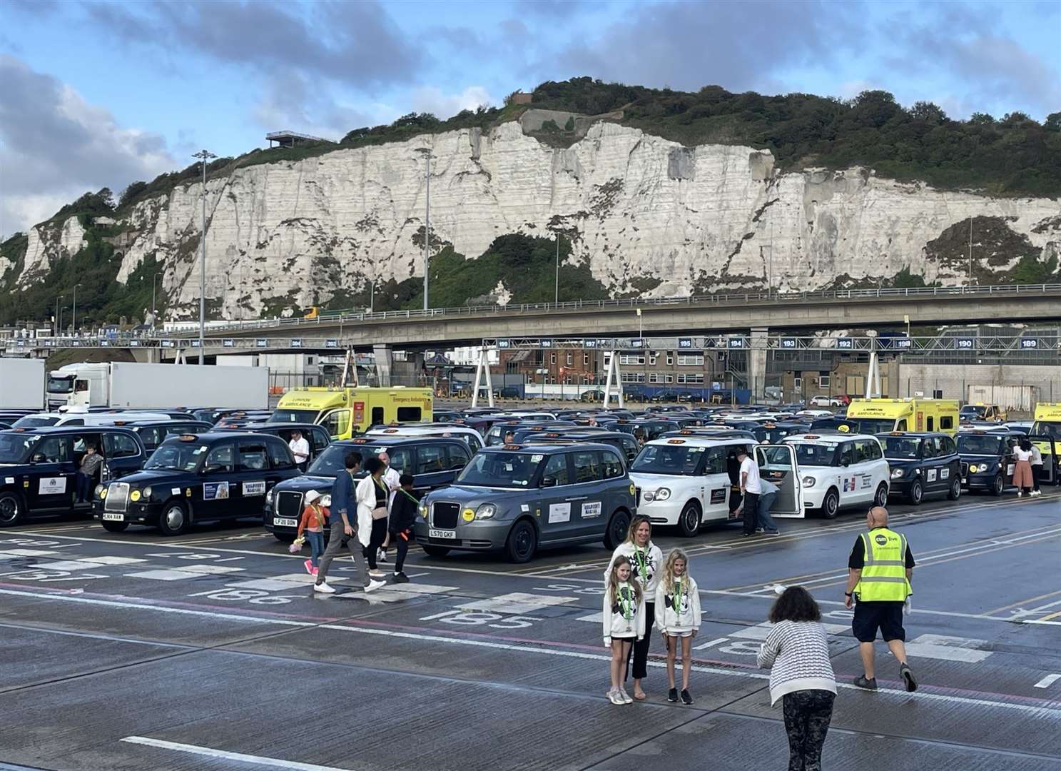 The taxis queued up at the Port of Dover after heading down in convoy from Canary Wharf. Picture: P&O Ferries