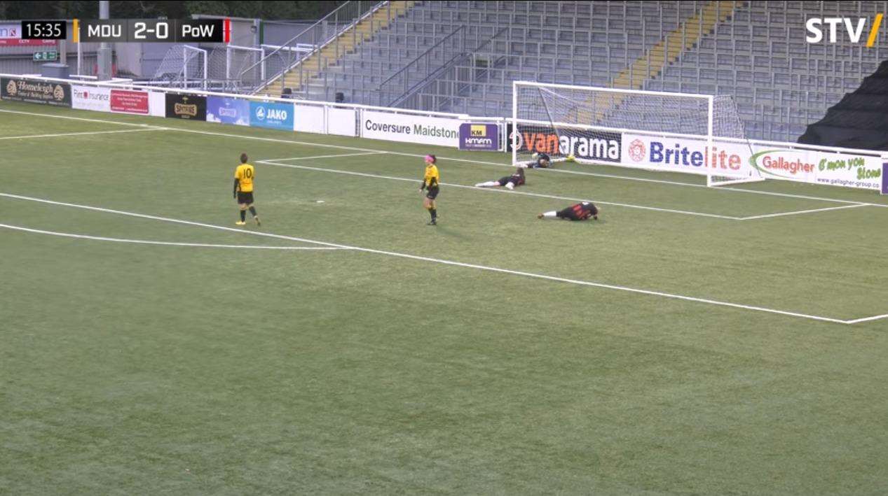 Footage of the bizarre own goal during Maidstone United Women's win over Prince of Wales Ladies has been viewed thousands of times. Picture: Stones TV