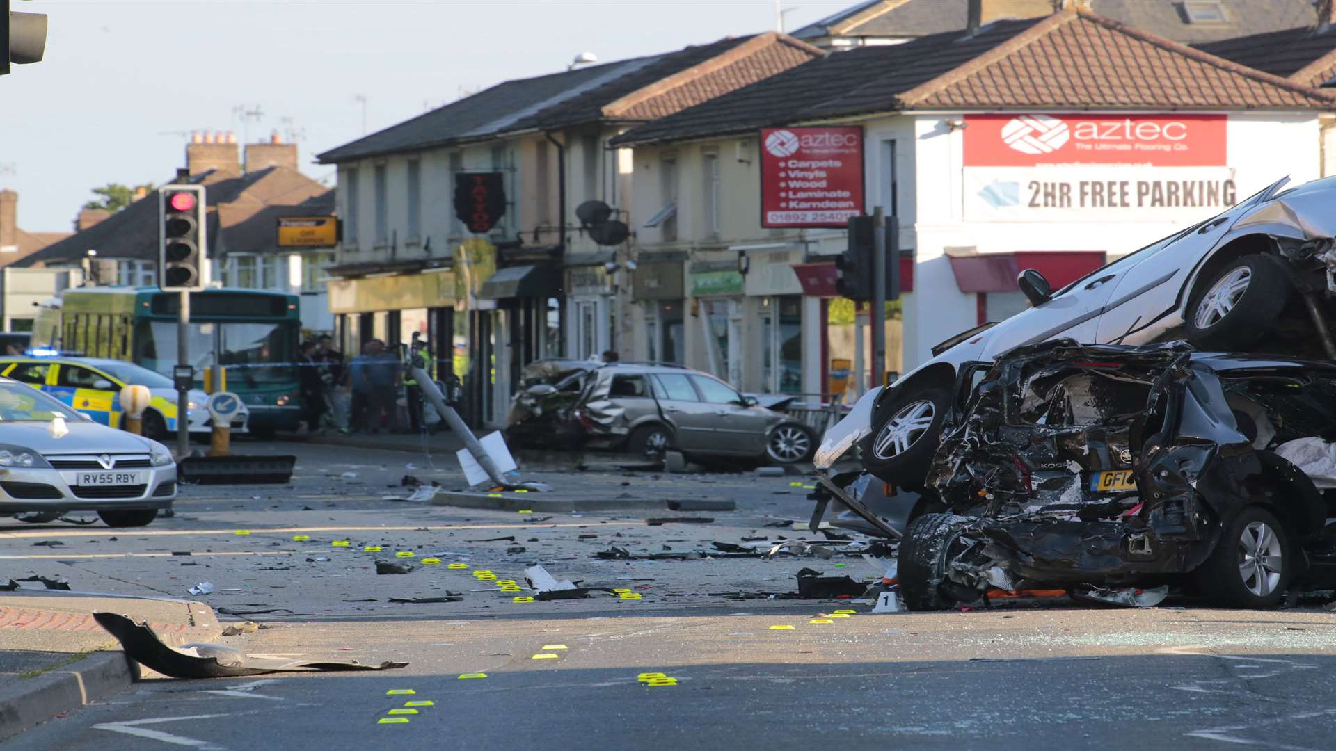 A trail of debris has been left in London Road following the accident. Picture: Martin Apps