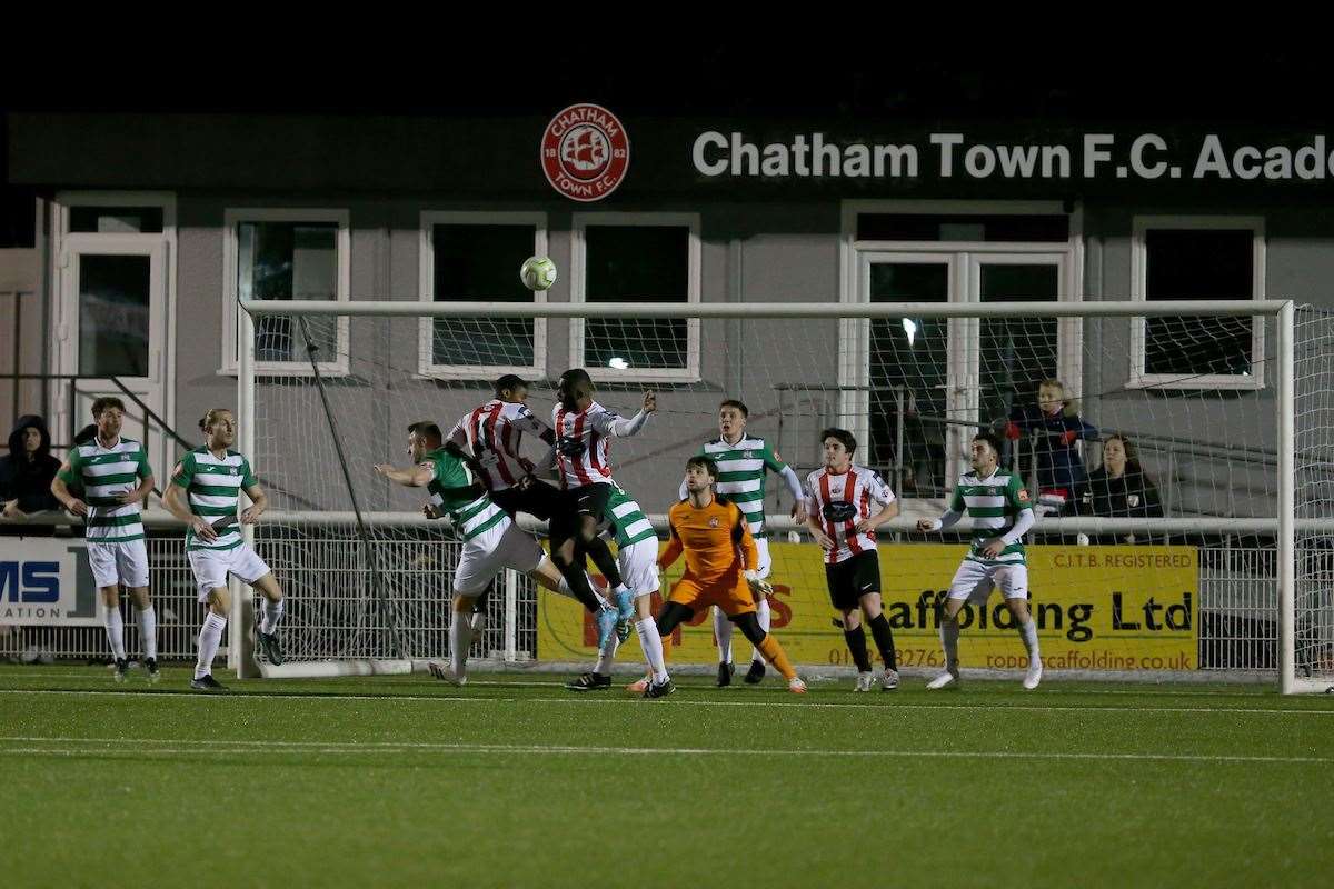 Goalmouth action in the Kent Senior Trophy as the Ites attack. Picture: PSP Images
