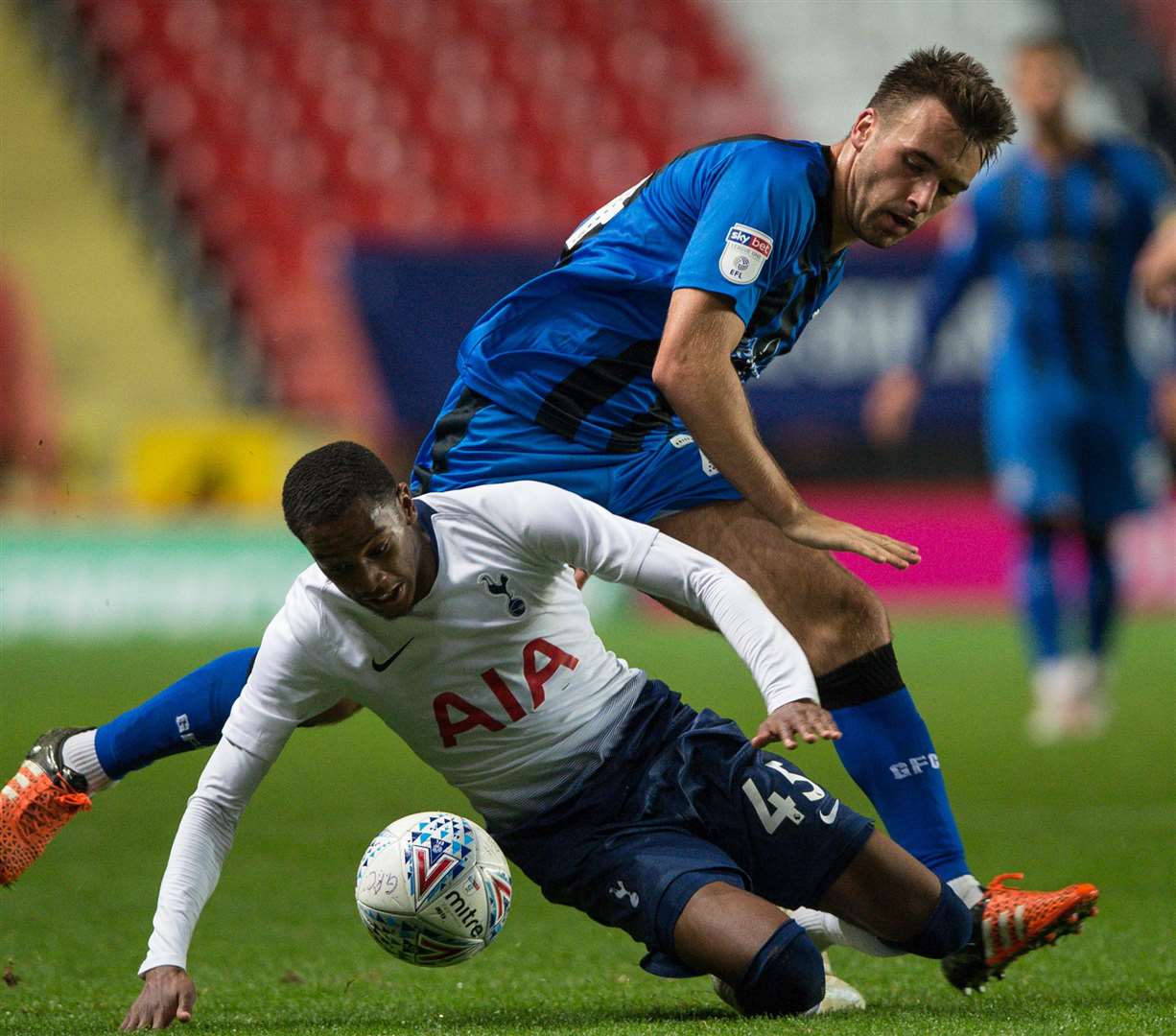 Gillingham's Josh Rees takes on Tottenham's Jaden Brown in the Checkatrade Trophy Picture: Ady Kerry
