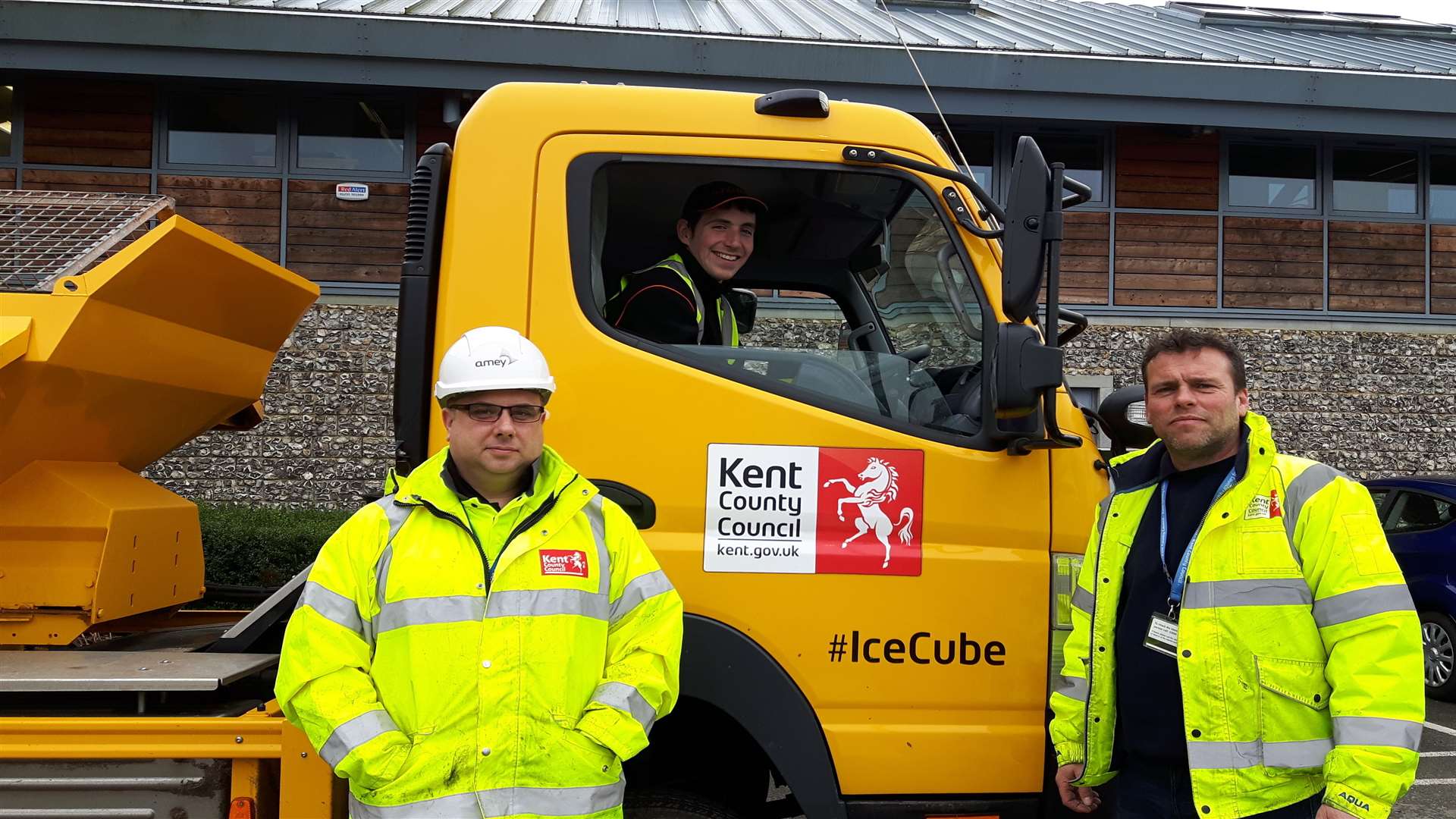 Andy Godden, pre-site technician for KCC, Paul Fagg and Clive Lofting, highway steward for Shepway