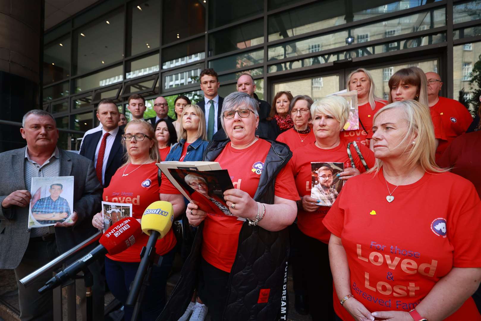 Members of the Northern Ireland Covid-19 Bereaved Families for Justice group gathered outside the inquiry on Thursday (Liam McBurney/PA)