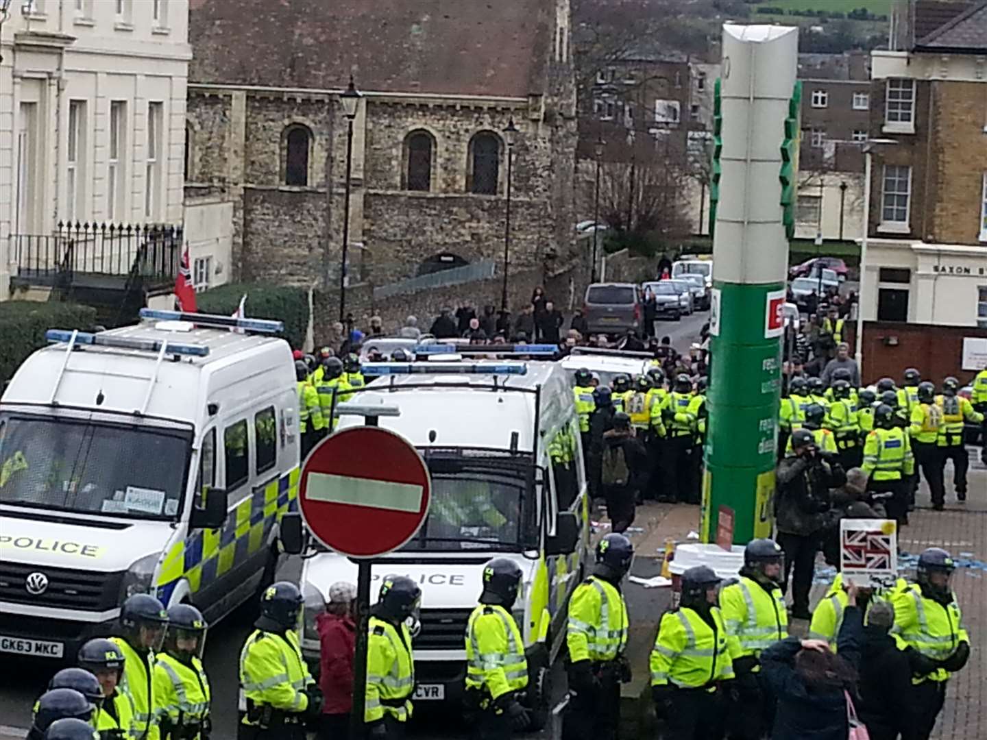 Police and protesters at Effingham Street in 2016, where stones were thrown by rioters from each end