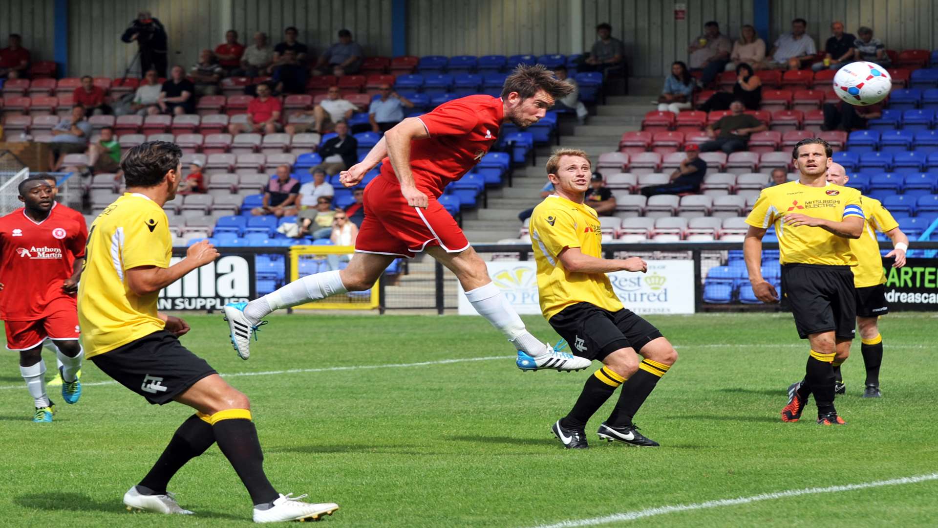 Welling's Ricky Wellard saw this first-half header saved. Picture: David Brown