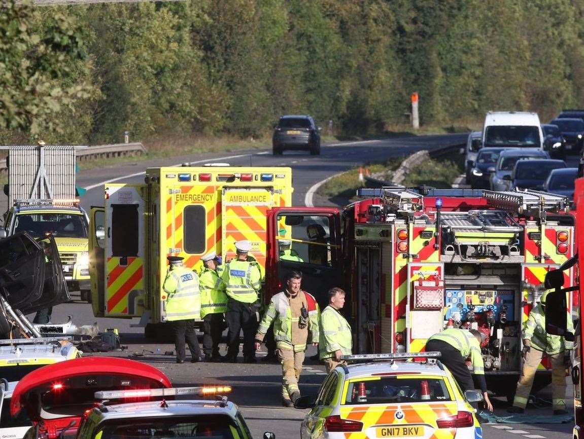 Police at the scene of the crash on the M2 between Gillingham and Sittingbourne. Picture: UKNIP