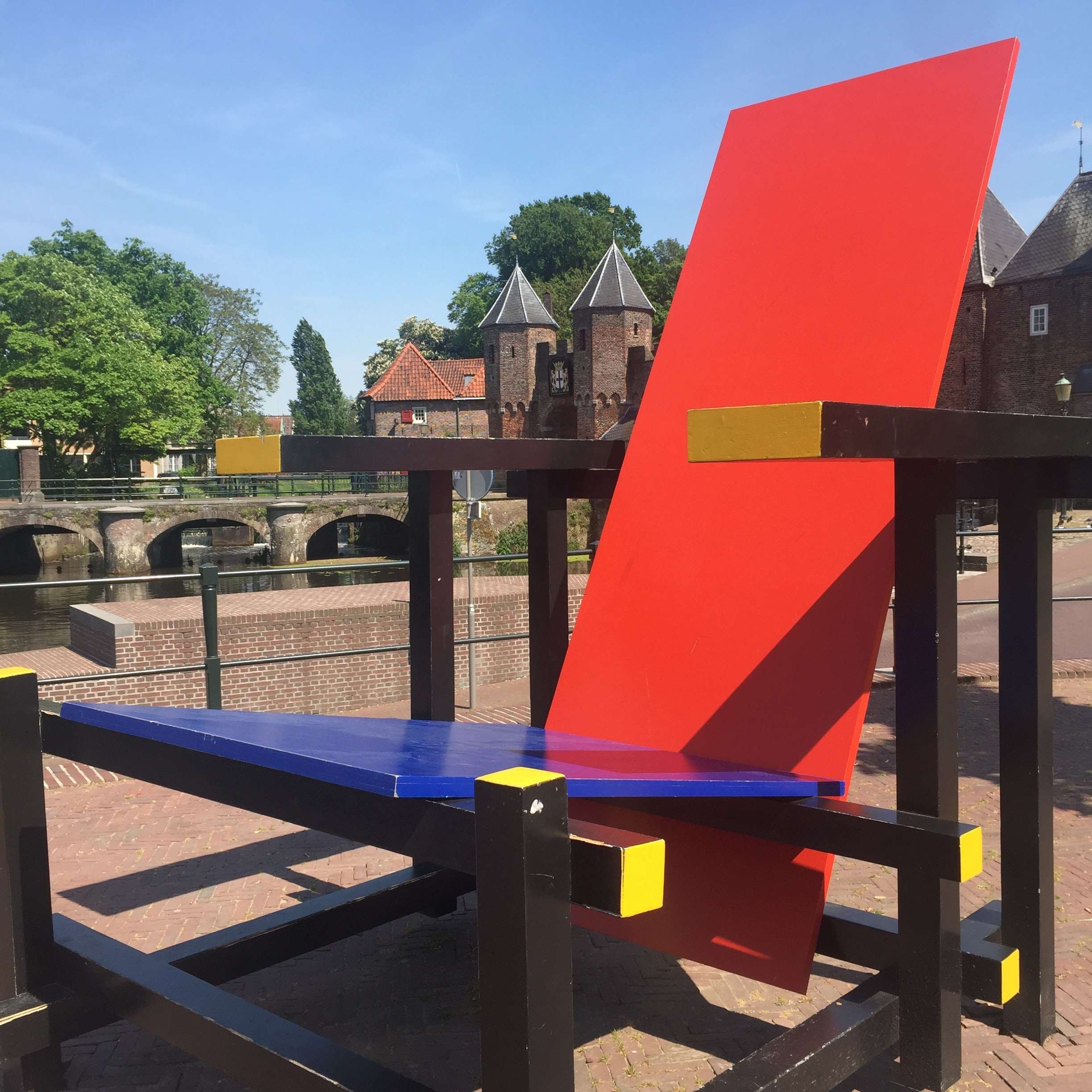 A Red Blue Chair originally designed by Gerrit Rietveld can be found in Amersfoort