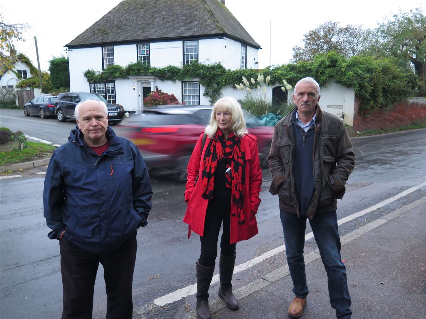 Preston parish councillors Ollie Chapman (right) and Alwyn Pidgen (left) with anti-speeding campaigner Lisa Jenkins