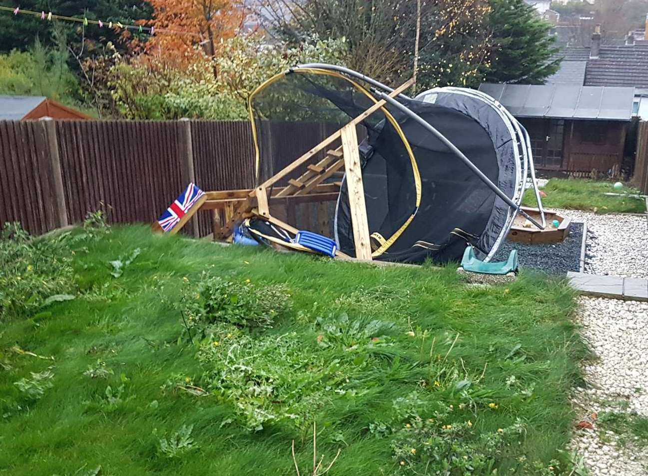 A children's climbing frame and trampoline couldn't withstand the high winds in Dover. Picture: Gary Kitt