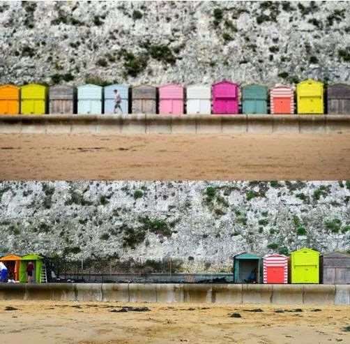 Before and after pictures show the damage caused to the Broadstairs beach huts. Picture: John Townsend