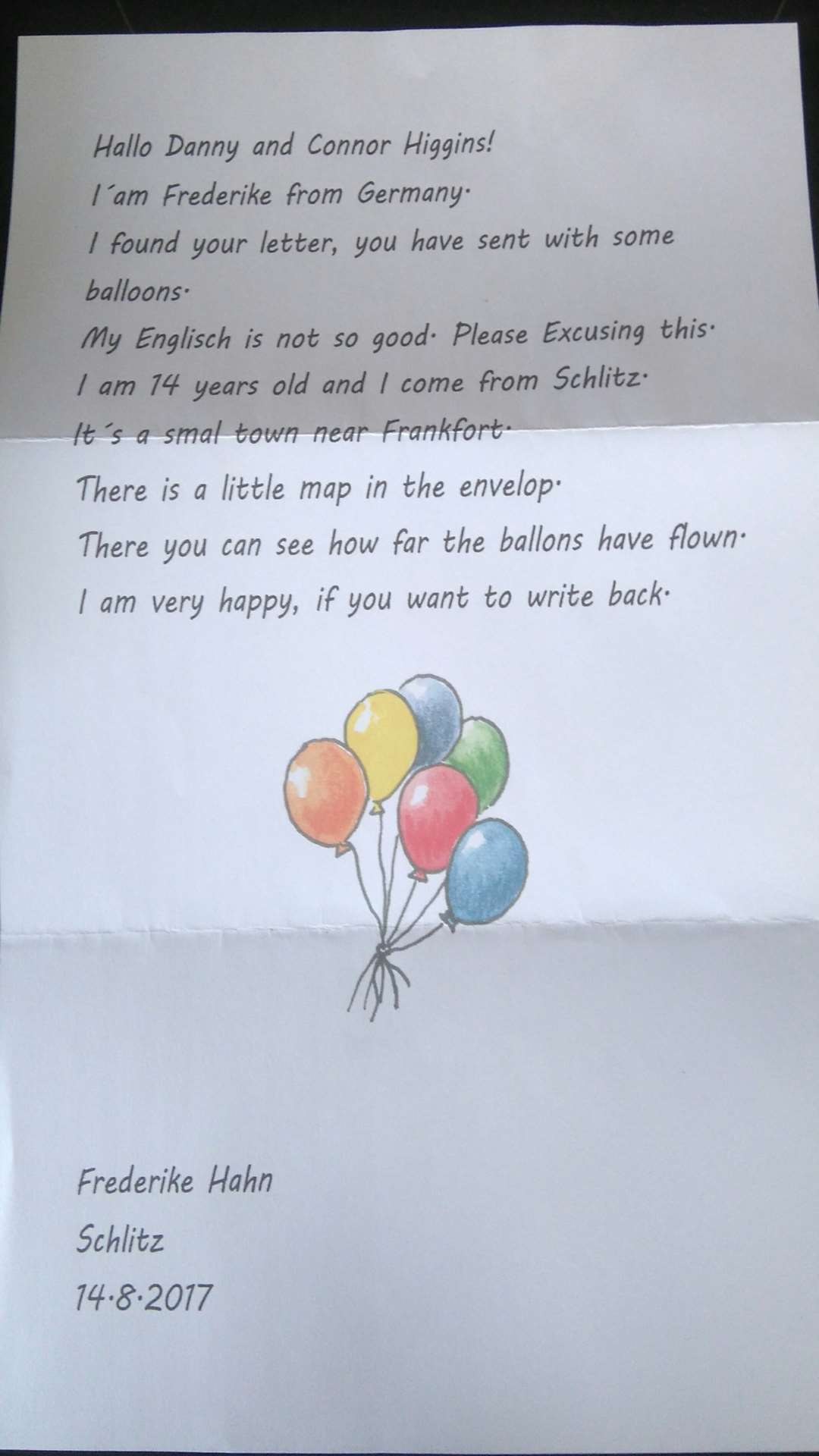 The letter the boys received from Frederike