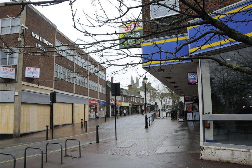 Ashford High street with the now closed Pizza Hut and Blockbuster video