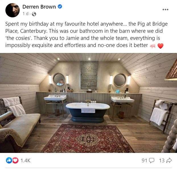 Derren Brown's Facebook post about his stay at The Pig at Bridge Place. Picture: Facebook