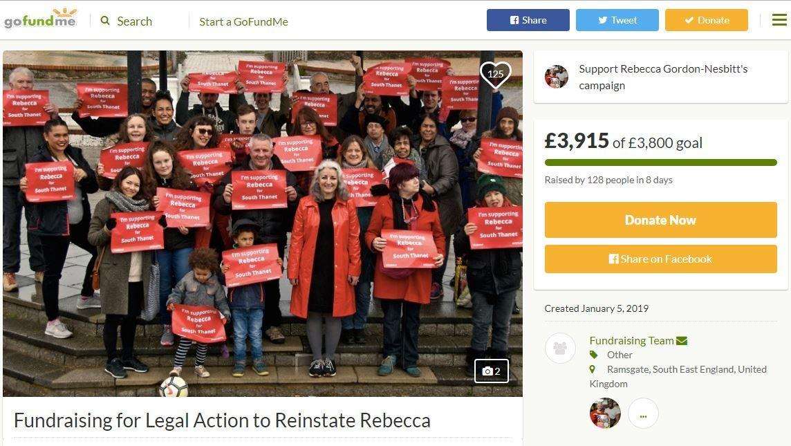 The fundraising page set up by former Labour candidate in South Thanet, Rebecca Gordon-Nesbitt, as she prepares to fight her expulsion over claims she had defended antisemitic views before she was selected to stand (6477992)