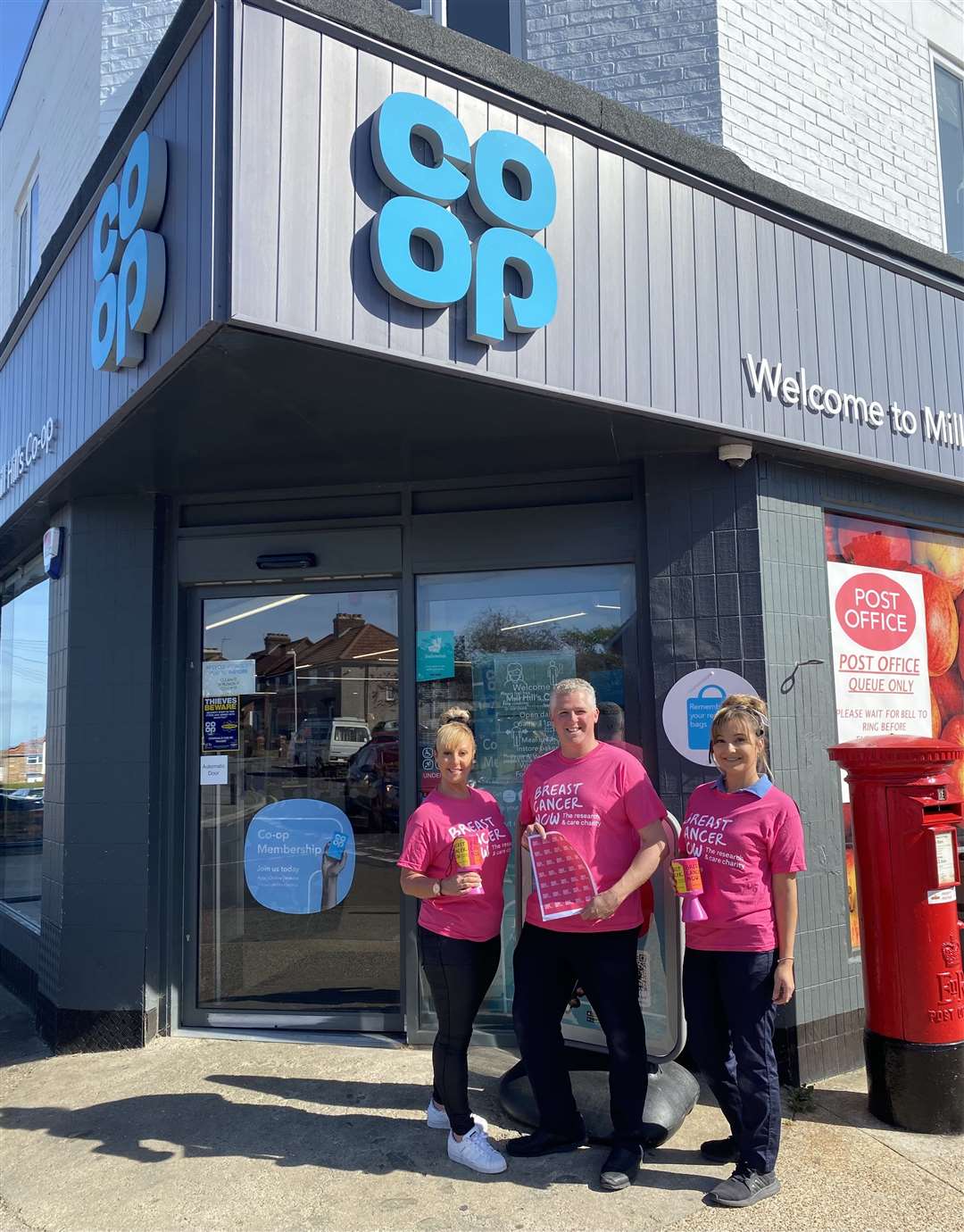 Supporting the pink campaign. Pictured from left are Kerry Banks, Co-op Mill Hill manager James Bridger and Co-op Ambassador Sophie Johnson. Picture: Breast Cancer Now
