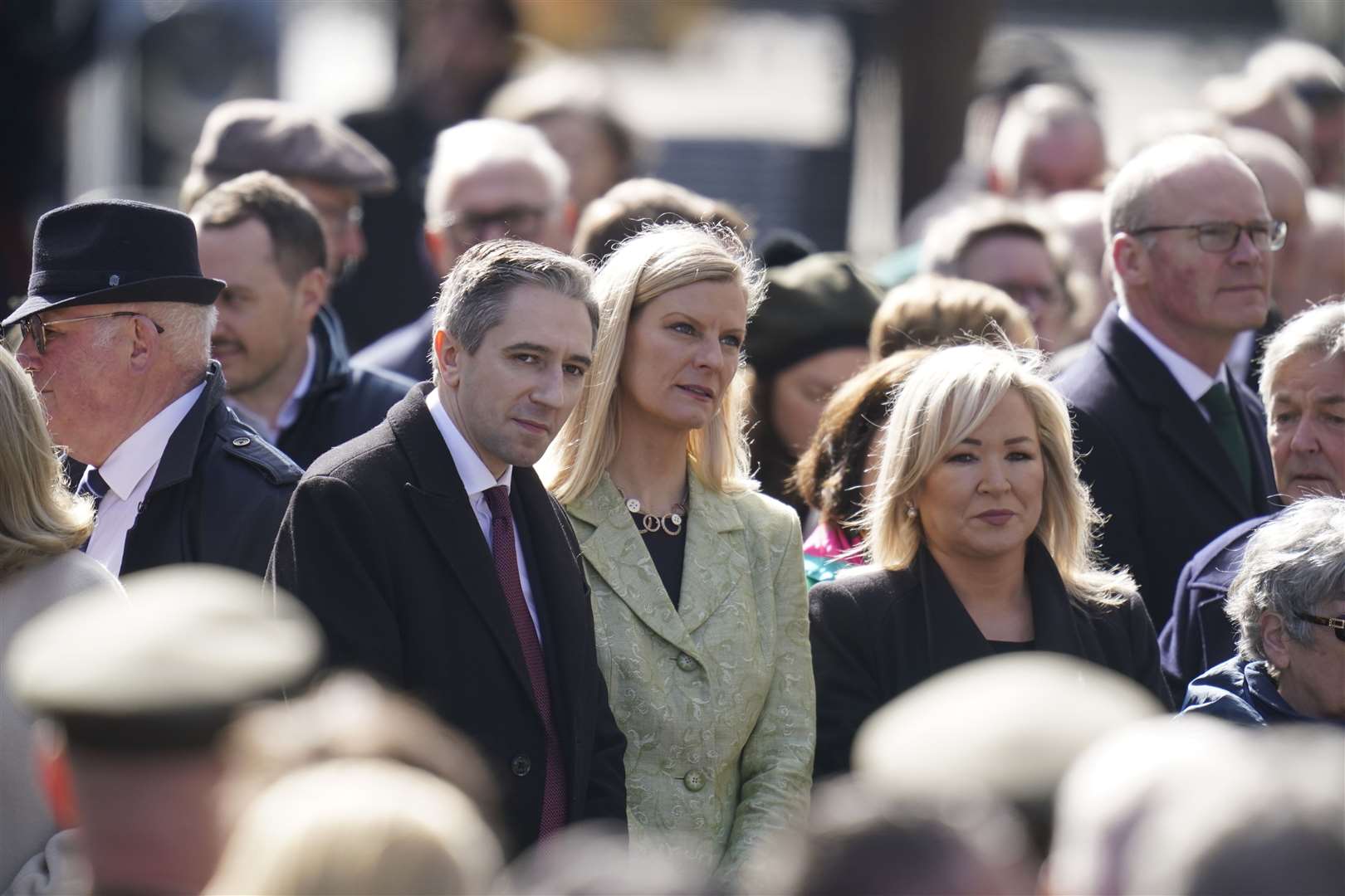 Fine Gael leader and Further Education Minister Simon Harris and First Minister of Northern Ireland Michelle O’Neill during a ceremony at the GPO on O’Connell Street in Dublin to mark the anniversary of the 1916 Easter Rising (Niall Carson/PA)