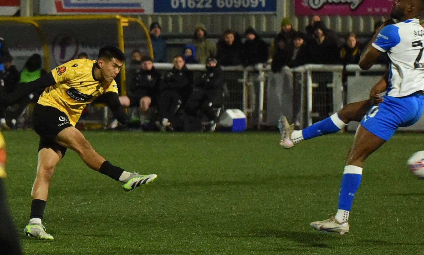 Maidstone midfielder Bivesh Gurung scores the winner - and goal of the round - against Barrow in the FA Cup. Picture: Steve Terrell