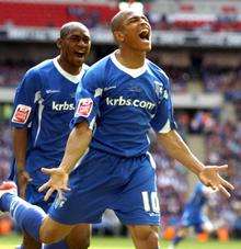 Simeon Jackson celebrates scoring the winner at Wembley