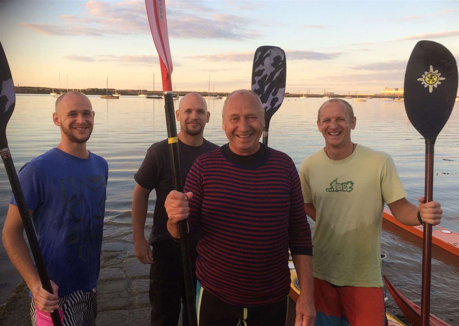 When Geoff replicated his first leg down the Medway in 2015 he was joined by sons (left-right) Harry, Jonathan and Tim