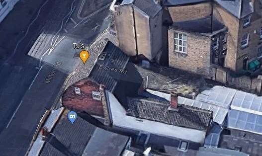 An aerial image shows the outrigger at the rear of TJ's in Gravesend. Image: Google