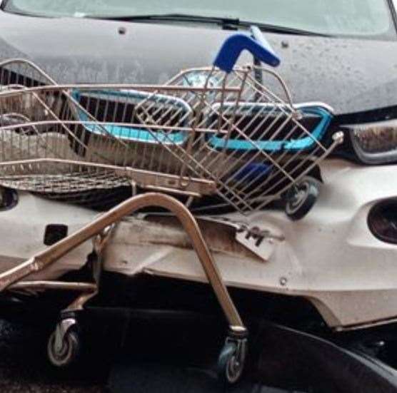 A small trolley was crushed in the incident outside Faversham's Tesco. Pictures: Theresa Harris