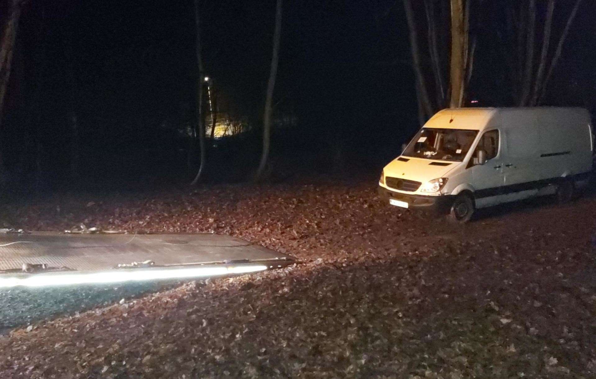 A van used for fly-tipping got stuck in the mud at Pendenden Heath, near Maidstone Pic: Kent Police