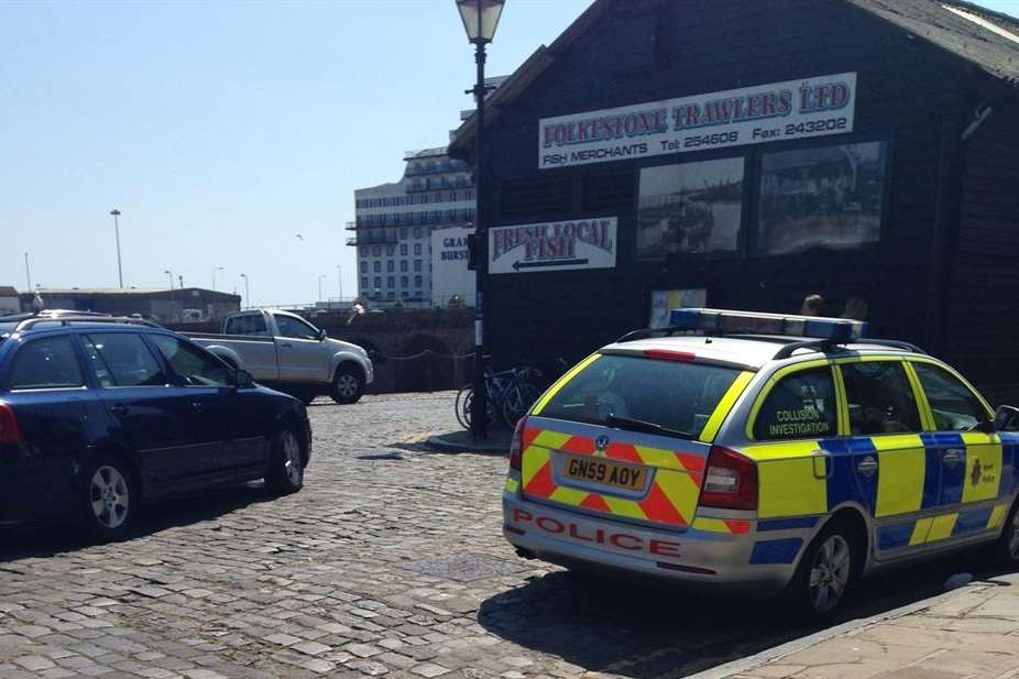 Police at The Stade in Folkestone after a man was hit by a car