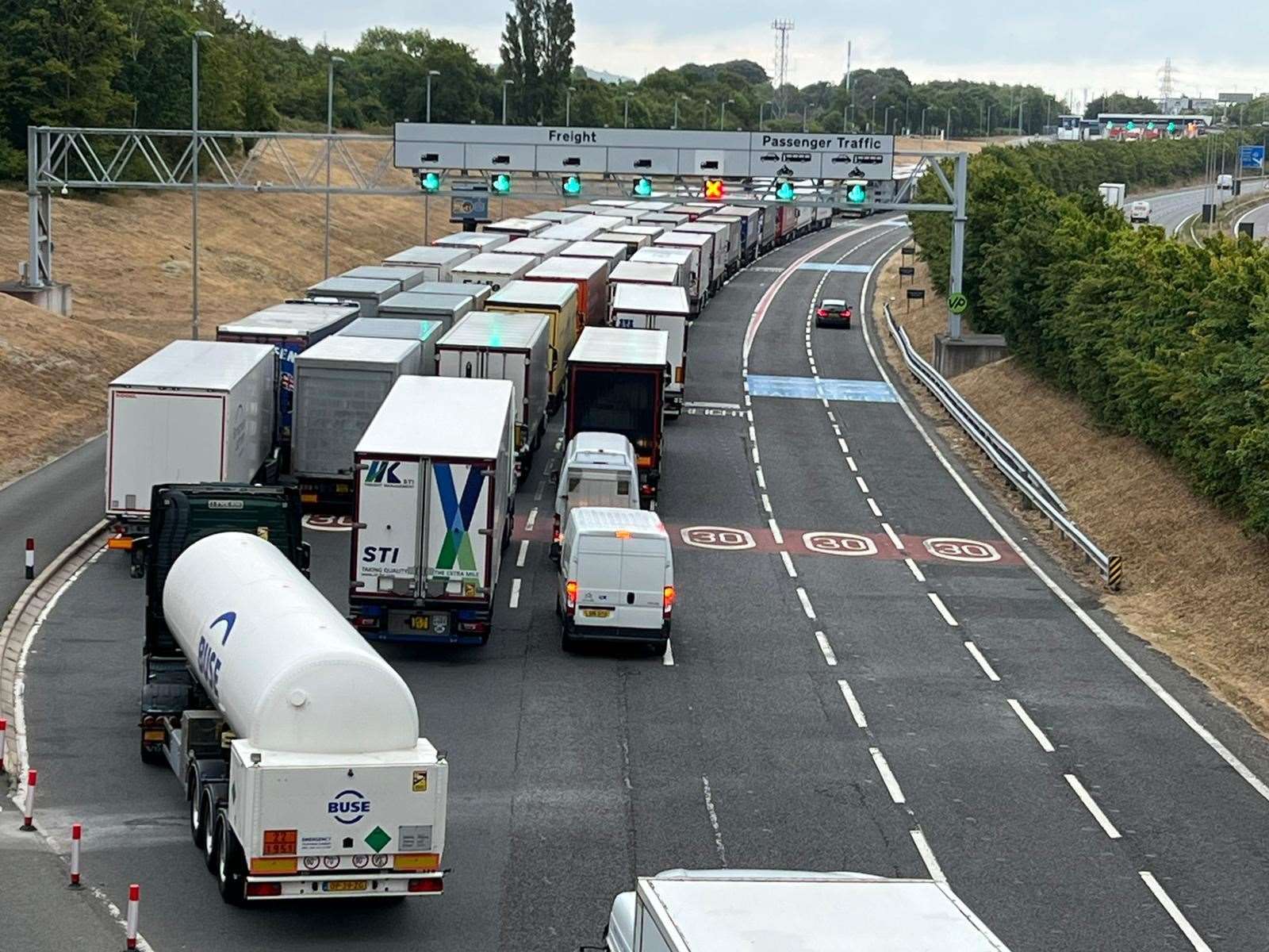 Lorries queueing at Eurotunnel on Monday, July 25, as the traffic chaos eased. Picture: Barry Goodwin