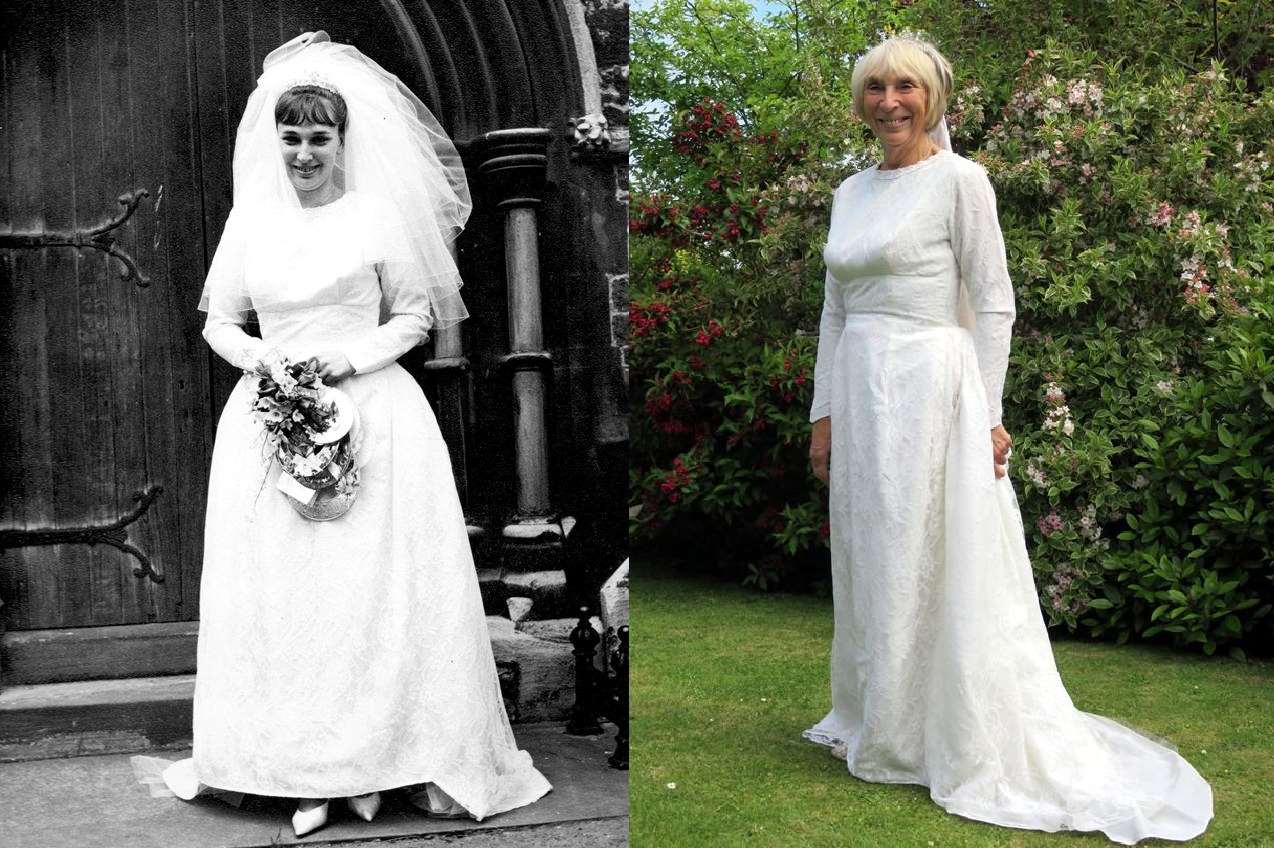 Valerie on her wedding day in 1965, and back in her dress this year for their 50th wedding anniversary.