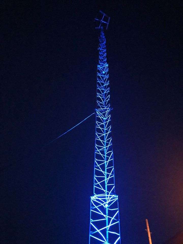 BRFM's radio transmitter mast is bathed in blue for NHS staff and key workers every Thursday from 8pm to 9pm on the Isle of Sheppey during the coronavirus lockdown