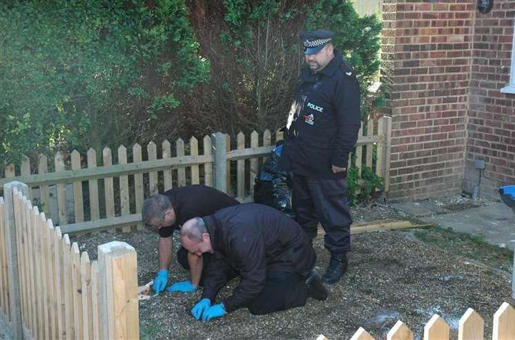 Forensic teams searching the garden of Peter Tobin's Margate home. Picture: Nick Evans