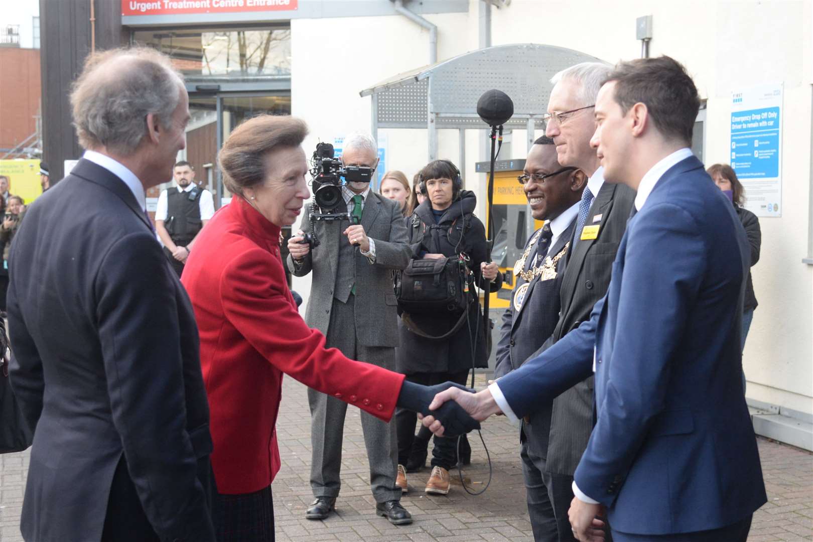 HRH The Princess Royal meets Mayor of Medway Cllr Habib Tejan, Stephen Clark, Chairman of the Medway NHS Trust and James Devine, Chief Executive at Medway Maritime Hospital on Wednesday afternoon. Picture: Chris Davey.