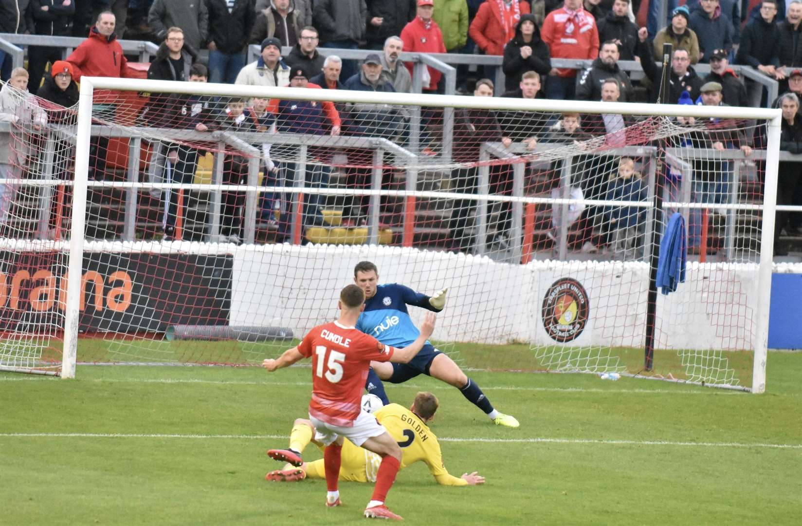 Ebbsfleet's Greg Cundle is denied by FC Halifax keeper Sam Johnson on Saturday. Picture: Ed Miller/EUFC