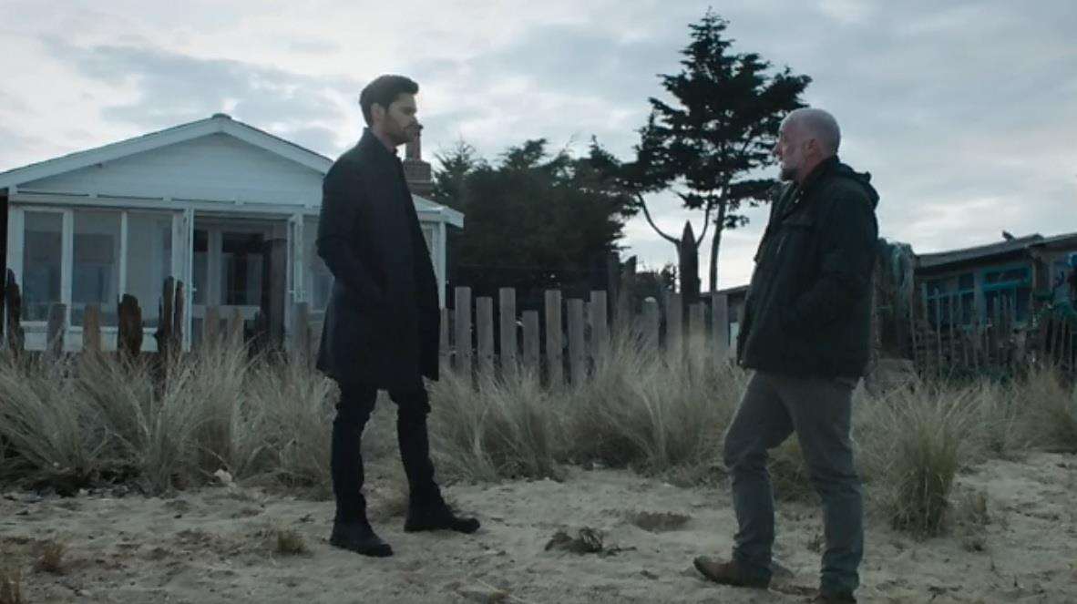 Tom Riley as DI Will 'Staffe' Wagstaffe, left, on the beach in front of the Rev Jeanette McLaren's Sheppey home in the ITV thriller Dark Heart. Picture: ITV
