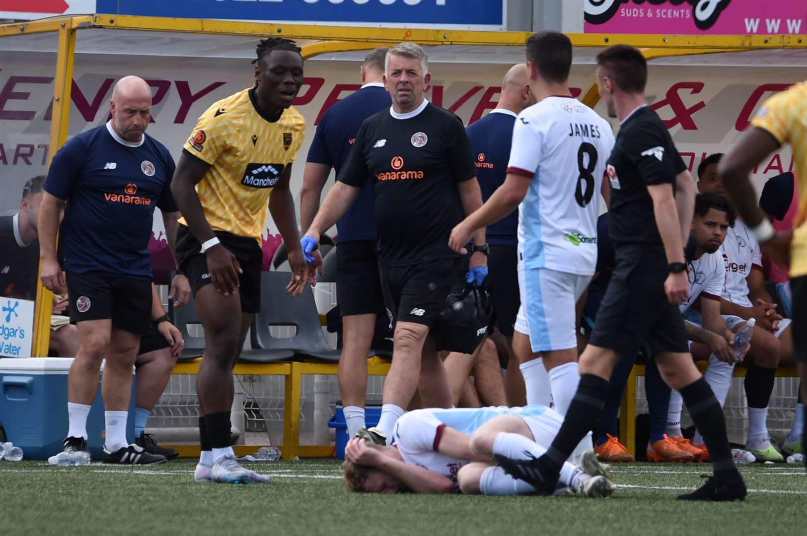 Maidstone winger Razzaq Coleman De-Graft was dismissed for a challenge on Ollie Chamberlain. Picture: Steve Terrell