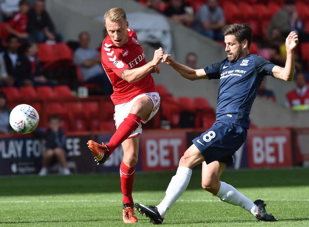 Chris Solly gets to the ball first for Charlton against Southend. Picture: Keith Gillard
