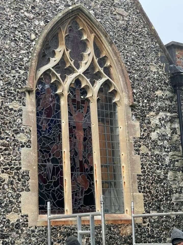 Two out of three columns of the stained-glass window are back at Borden parish church
