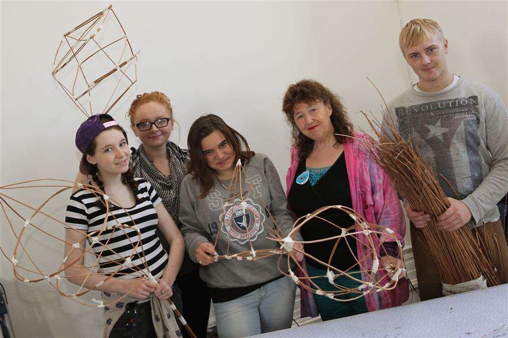 Cerys Grantham, Jamie Atkins, Grace Barton, Chris Reed, project leader of Big Fish Arts and Anthony West of Restoration Youth at the lantern making workshop in Sheerness
