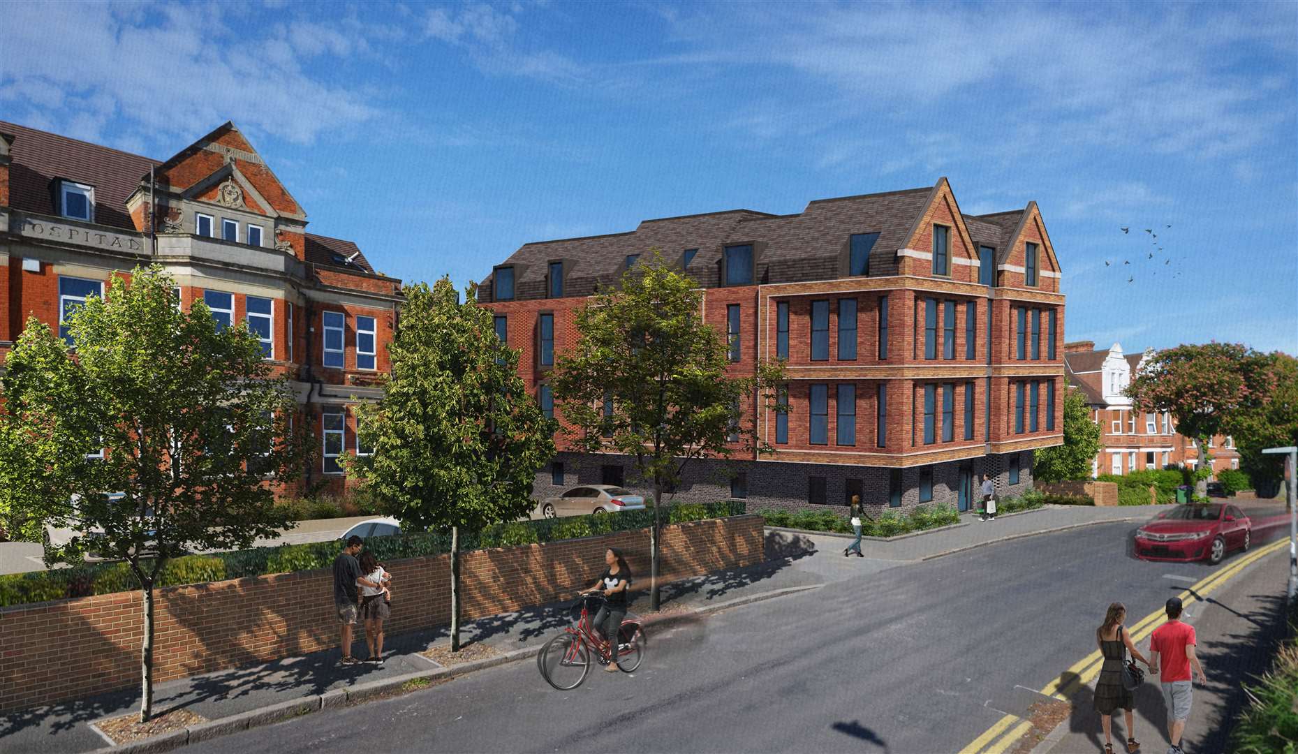 The block of apartments will sit next to the existing main hospital building, which is also being turned into 18 flats. Picture: Hollaway