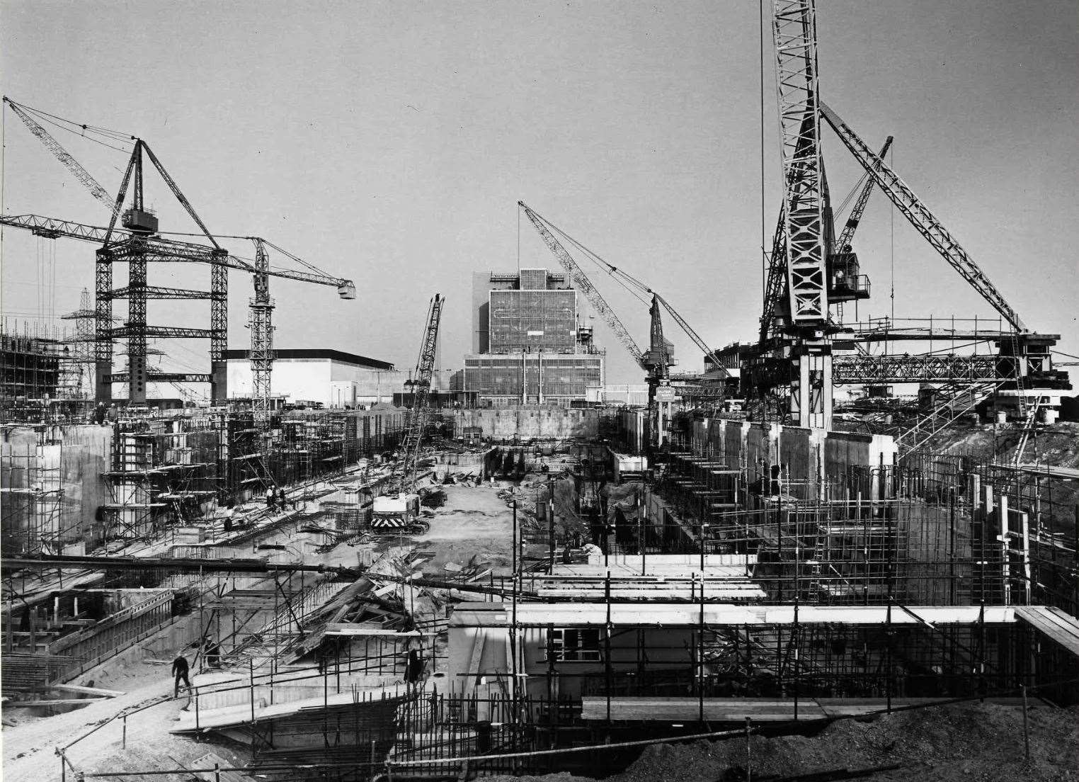 Dungeness B power station during construction in 1966. It began operation in 1983. Its reactors have been non-operational since 2018 with decommissioning beginning in 2021