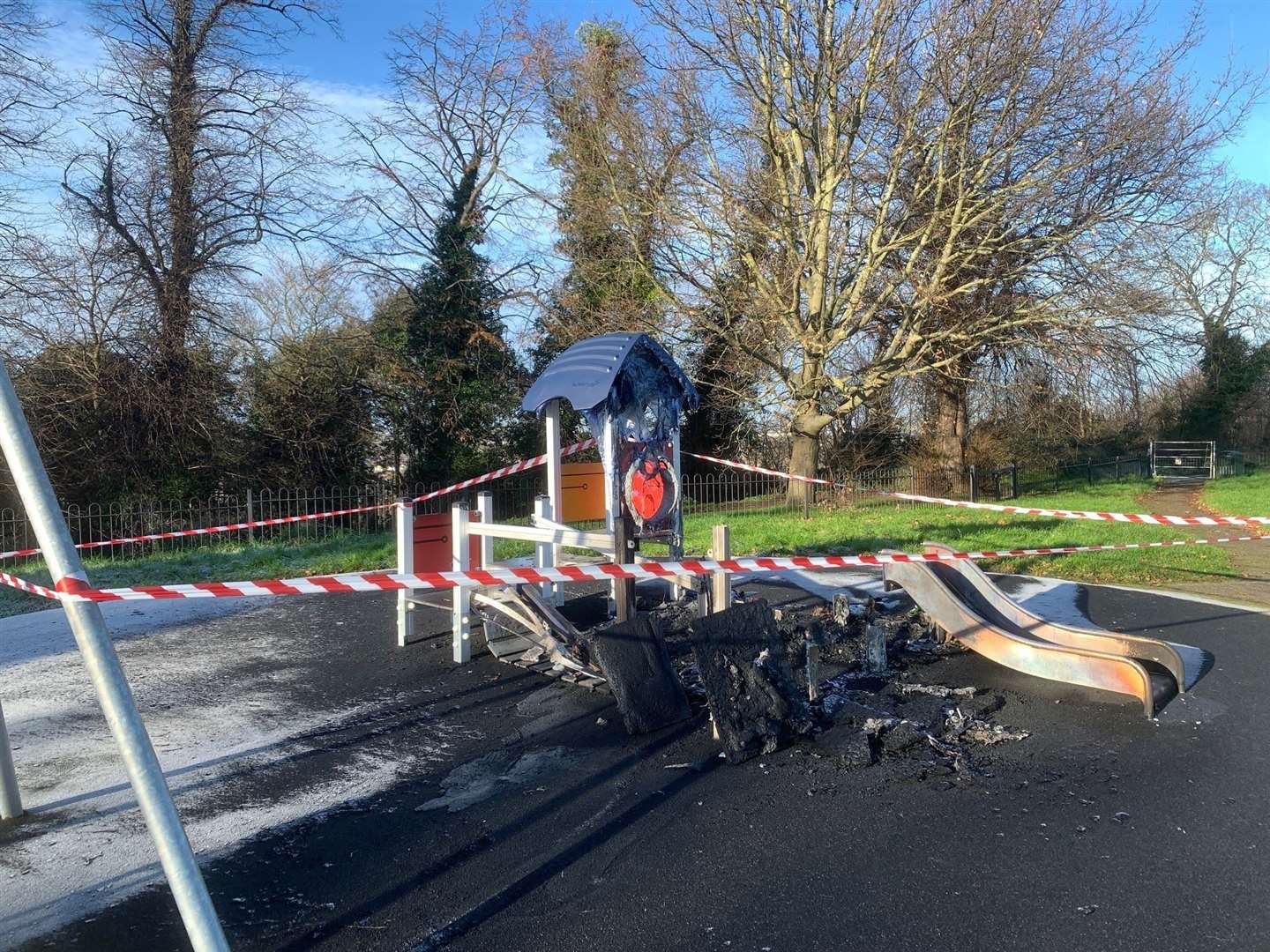 Children's play equipment in Windmill Hill park in Gravesend was set alight by vandals and an arson investigation has been launched by police. Picture: Gravesham Borough Council