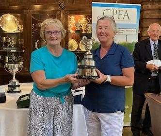 Women's winner Karen Harris of Sidcup GC pictured with West Kent's lady captain Ann Lynch