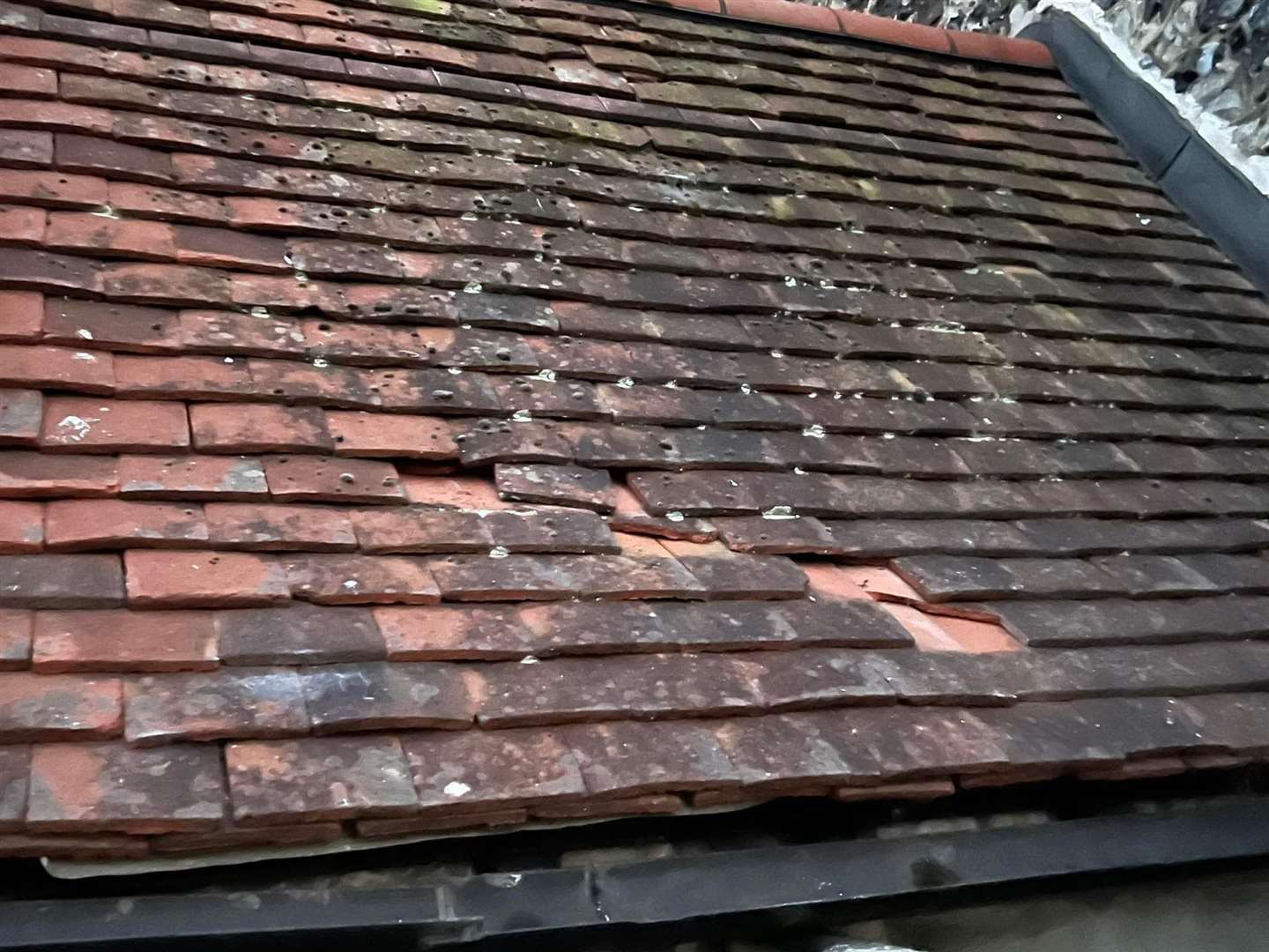 The damaged tiles at the Cliffe church