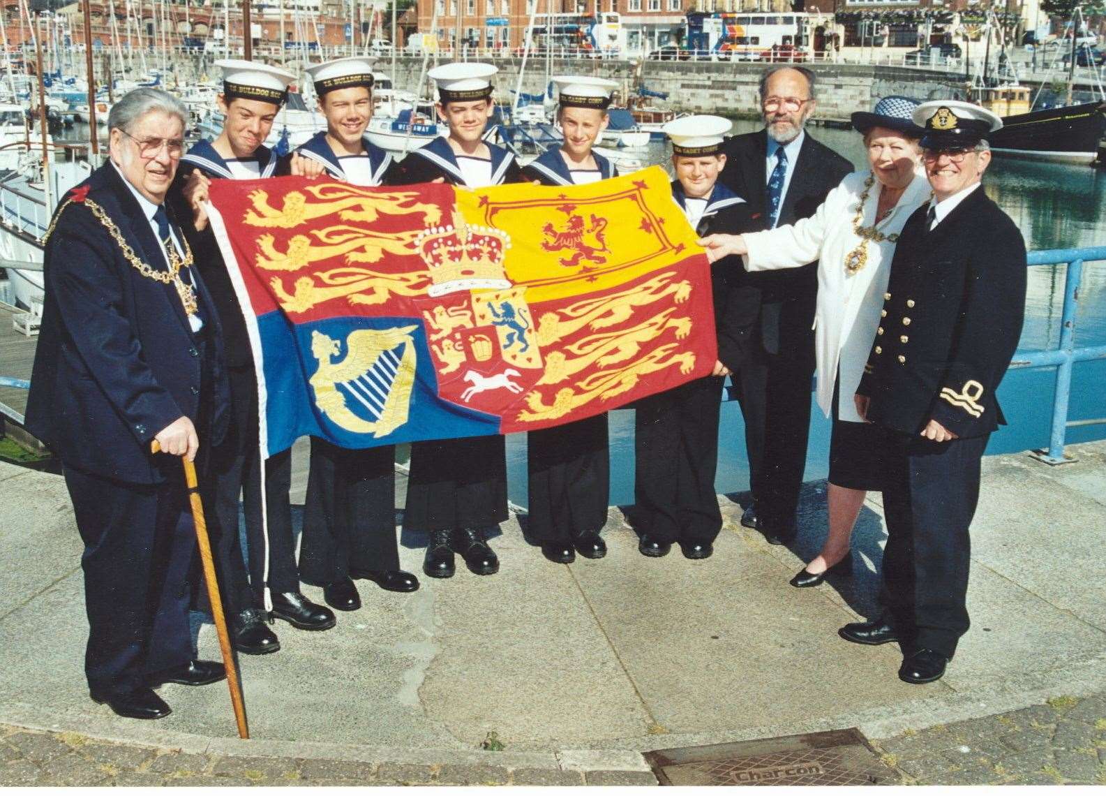 Ramsgate and Broadstairs Sea Cadets, with the Mayors of Ramsgate and Broadstairs, raise the Royal Standard of George IV which happens three times a year in Ramsgate. Undated file picture