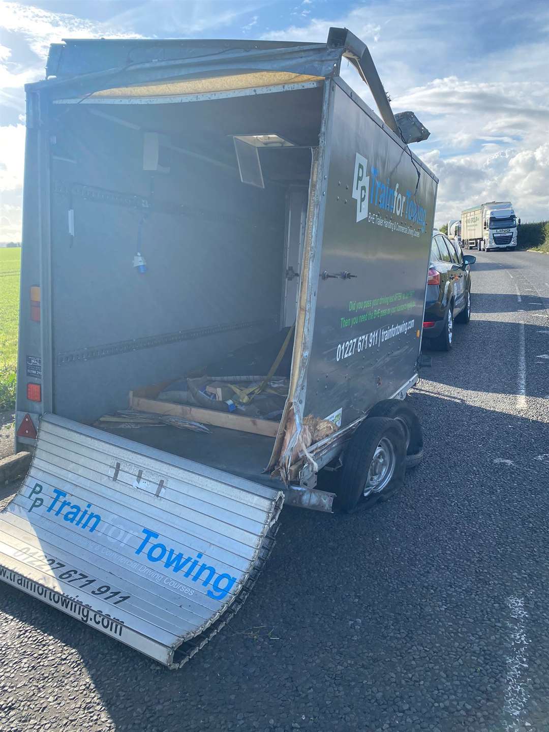 The rear of the trailer which was hit by the van