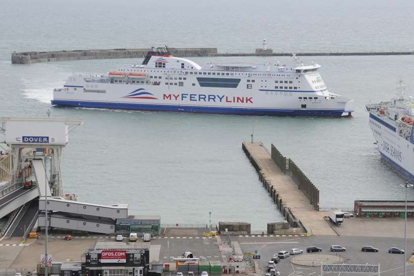 A My Ferry Link ship berthing at the Port of Dover