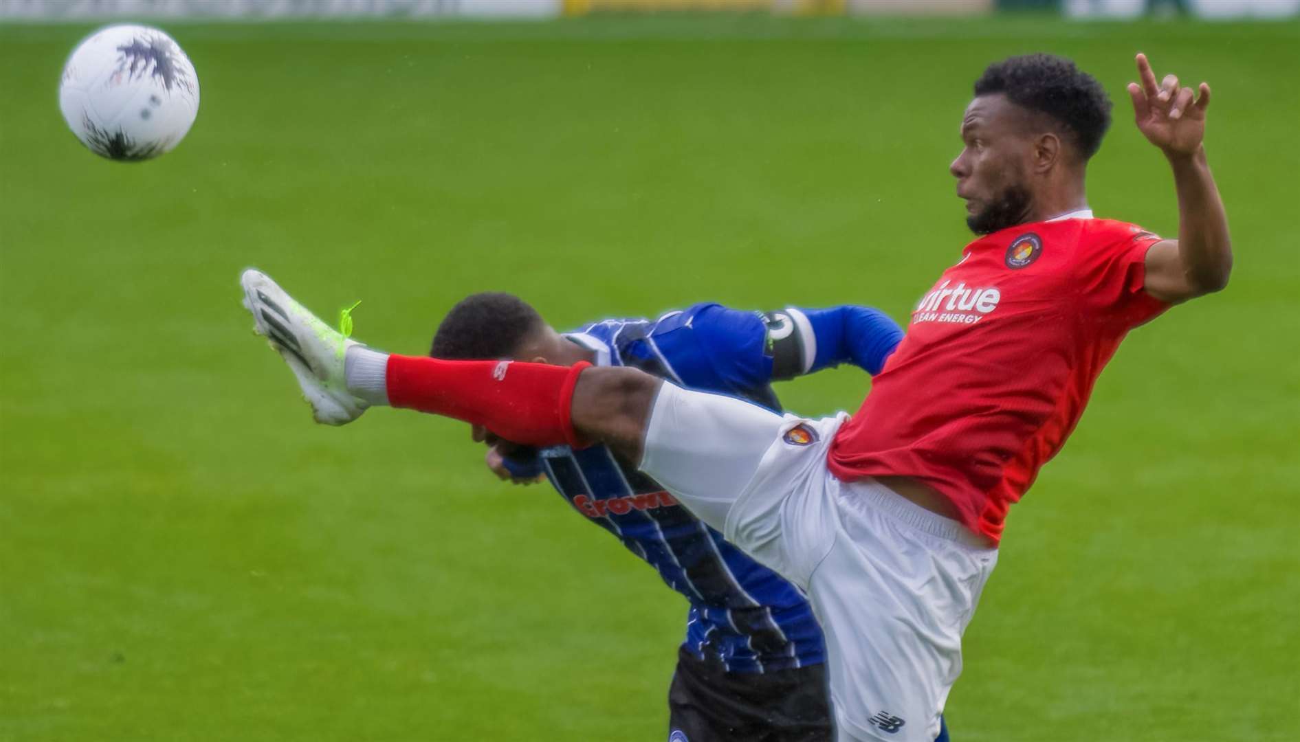Ebbsfleet’s Shaq Coulthirst in action at Rochdale on the opening day of the season. Picture: Ed Miller/EUFC