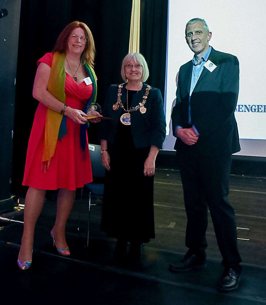 Volunteer of the Year Hilary Cooke with mayor Cllr Jan Aldous and Bruce Shelmerdine of sponsors mhs homes. Picture: Lasting Impressions Photography – By Hayley