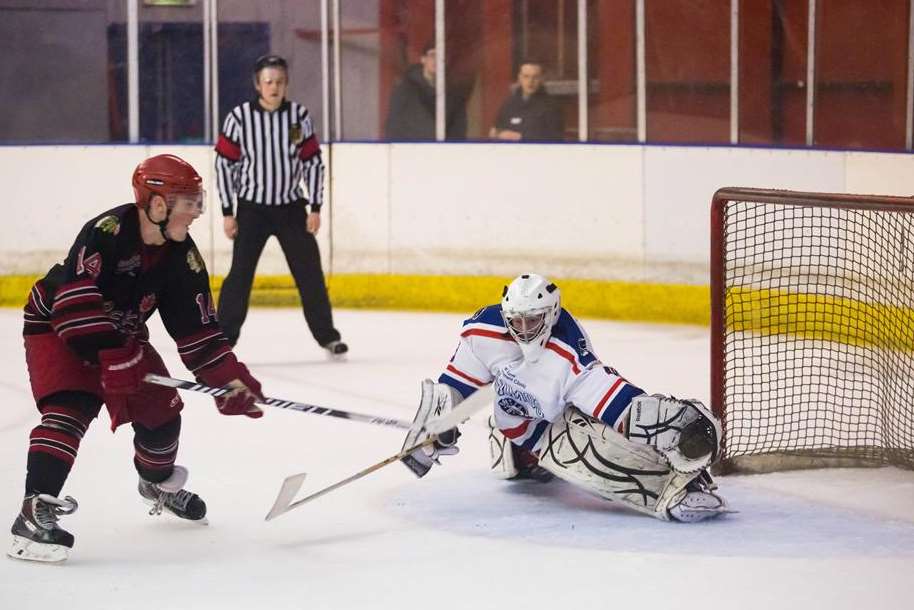 Streatham's Callum Best beats netminder Davey Jackson during the penalty shoot-out Picture: Martin Apps